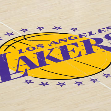 Nov 30, 2022; Los Angeles, California, USA; The Los Angeles Lakers logo at center court at Crypto.com Arena. Mandatory Credit: Kirby Lee-USA TODAY Sports