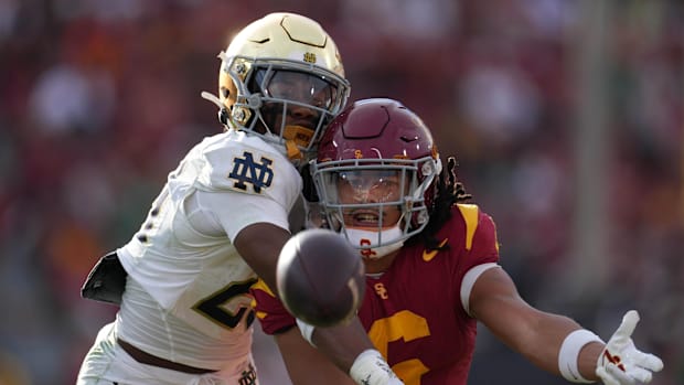 Notre Dame cornerback Christian Gray makes a play against USC in 202