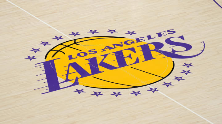 Nov 30, 2022; Los Angeles, California, USA; The Los Angeles Lakers logo at center court at Crypto.com Arena. Mandatory Credit: Kirby Lee-USA TODAY Sports