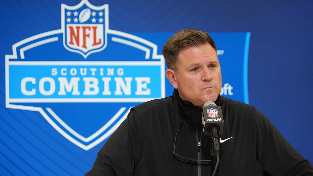 Feb 25, 2025; Indianapolis, IN, USA; Green Bay Packers general manager Brian Gutekunst speaks during the NFL Scouting Combine at the Indiana Convention Center. Mandatory Credit: Kirby Lee-Imagn Images Feb 25, 2025; Indianapolis, IN, USA; Green Bay Packers general manager Brian Gutekunst speaks during the NFL Scouting Combine at the Indiana Convention Center. Mandatory Credit: Kirby Lee-Imagn Images
