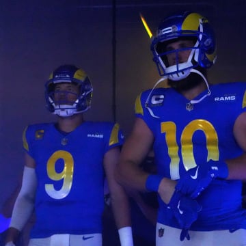 Dec 17, 2023; Inglewood, California, USA; Los Angeles Rams quarterback Matthew Stafford (9) and wide receiver Cooper Kupp (10) enter the field before the game against the Washington Commanders at SoFi Stadium. Mandatory Credit: Kirby Lee-USA TODAY Sports