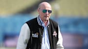 Mar 28, 2025; Los Angeles, California, USA; Los Angeles Dodgers president Stan Kasten reacts before the game against the Detroit Tigers at Dodger Stadium. Mandatory Credit: Kirby Lee-Imagn Images