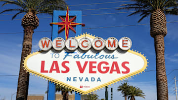 Dec 4, 2022; Paradise, Nevada, USA; The Welcome to Fabulous Las Vegas sign on the Las Vegas strip. Mandatory Credit: Kirby Lee-Imagn Images