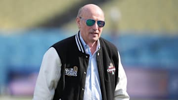 Mar 28, 2025; Los Angeles, California, USA; Los Angeles Dodgers president Stan Kasten reacts before the game against the Detroit Tigers at Dodger Stadium. Mandatory Credit: Kirby Lee-Imagn Images