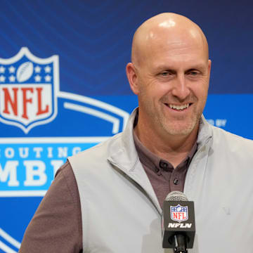 Feb 25, 2025; Indianapolis, IN, USA; Arizona Cardinals general manager Monti Ossenfort speaks during the NFL Scouting Combine at the Indiana Convention Center. Mandatory Credit: Kirby Lee-Imagn Images