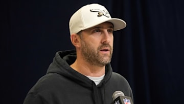 Feb 25, 2025; Indianapolis, IN, USA; Philadelphia Eagles coach Nick Sirianni speaks during the NFL Scouting Combine at the Indiana Convention Center.