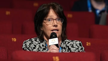 Jul 24, 2024; Paris, France;  Imagn Images columnist Christine Brennan during an IOC press conference to announce Salt Lake City as host of the 2034 Winter Olympics at the Paris 2024 Olympics main press center at the Palais des congres de Paris. Mandatory Credit: Kirby Lee-Imagn Images