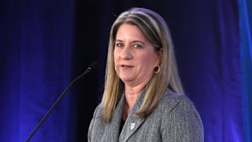 Oct 25, 2022; San Francisco, CA, USA; Deputy commissioner Teresa Gould speaks during Pac-12 Women's Basketball Media Day at the Pac-12 Network Studios. Mandatory Credit: Kirby Lee-Imagn Images