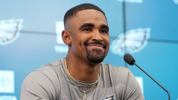 Sep 5, 2024; Sao Paolo, Brazil;  Philadelphia Eagles quarterback Jalen Hurts (1) at press conference at the Neo Química Arena. Mandatory Credit: Kirby Lee-Imagn Images