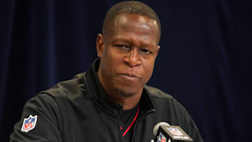 Atlanta Falcons coach Raheem Morris speaks during the NFL Scouting Combine at the Indiana Convention Center.