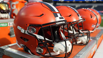 Dec 3, 2023; Inglewood, California, USA; Riddell speedflex Cleveland Browns helmets on the sidelines at SoFi Stadium. Mandatory Credit: Kirby Lee-Imagn Images