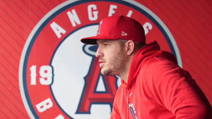 Los Angeles Angels center fielder Mike Trout watches from the dugout during the game against the San Diego Padres at Angel Stadium.