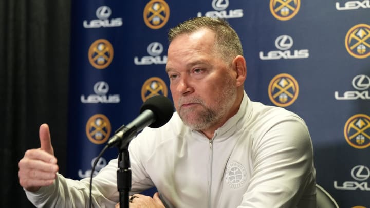 Oct 19, 2023; Los Angeles, California, USA; Denver Nuggets coach Michael Malone at press conference at Crypto.com Arena.