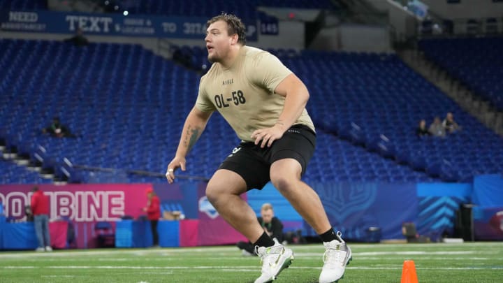 Mar 3, 2024; Indianapolis, IN, USA; Oregon offensive lineman Jackson Powers-Johnson (OL58) during the 2024 NFL Scouting Combine at Lucas Oil Stadium. Mandatory Credit: Kirby Lee-USA TODAY Sports