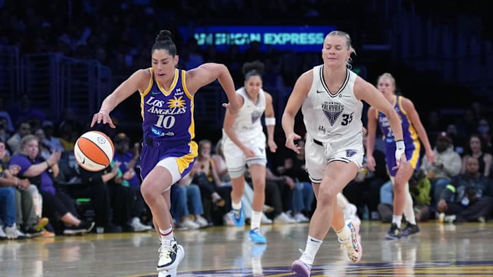 LA Sparks guard Kelsey Plum (10) and Golden State Valkyries guard Julie Vanloo (35) at Crypto.com Arena.