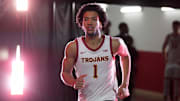 Feb 11, 2025; Los Angeles, California, USA; Southern California Trojans guard Desmond Claude (1) enters the court against the Penn State Nittany Lions at Galen Center. Mandatory Credit: Kirby Lee-Imagn Images
