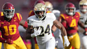 Nov 30, 2024; Los Angeles, California, USA; Notre Dame Fighting Irish running back Jadarian Price (24) scores on a 36-yard touchdown run against the Southern California Trojans in the second half at United Airlines Field at Los Angeles Memorial Coliseum.