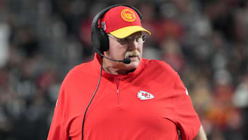 Nov 26, 2023; Paradise, Nevada, USA; Kansas City Chiefs coach Andy Reid watches from the sidelines against the Las Vegas Raiders in the second half at Allegiant Stadium. Mandatory Credit: Kirby Lee-Imagn Images