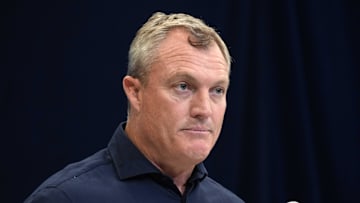 Feb 27, 2025; Indianapolis, IN, USA; San Francisco 49ers general manager John Lynch speaks during the 2025 NFL Scouting Combine at the Indiana Convention Center. Mandatory Credit: Kirby Lee-Imagn Images