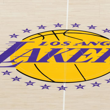 Jan 18, 2023; Los Angeles, California, USA; The Los Angeles Lakers logo at midcourt at Crypto.com Arena. Mandatory Credit: Kirby Lee-USA TODAY Sports