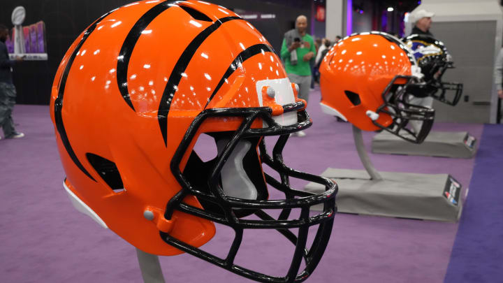 Feb 7, 2024; Las Vegas, NV, USA; A large Cincinnati Bengals helmet at the NFL Experience at the Mandalay Bay South Convention Center. Mandatory Credit: Kirby Lee-USA TODAY Sports