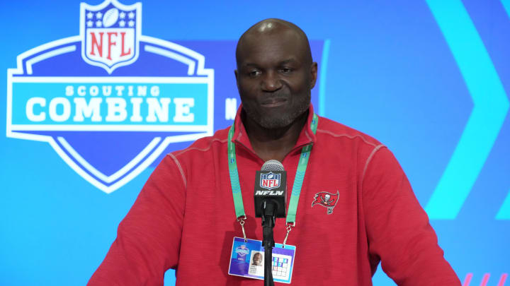 Feb 27, 2024; Indianapolis, IN, USA; Tampa Bay Buccaneers head coach Todd Bowles speaks during a press conference during the NFL Scouting Combine at Indiana Convention Center. Mandatory Credit: Kirby Lee-USA TODAY Sports