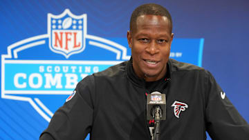 Feb 25, 2025; Indianapolis, IN, USA; Atlanta Falcons coach Raheem Morris speaks during the NFL Scouting Combine at the Indiana Convention Center.
