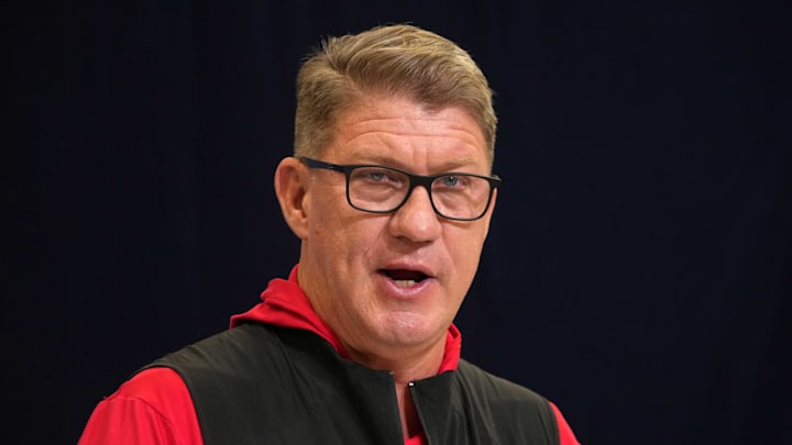 Feb 25, 2025; Indianapolis, IN, USA; Tampa Bay Buccaneers general manager Jason Licht speaks during the NFL Scouting Combine at the Indiana Convention Center. Mandatory Credit: Kirby Lee-Imagn Images