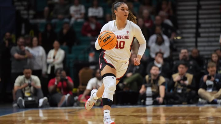 Mar 10, 2024; Las Vegas, NV, USA; Stanford Cardinal guard Talana Lepolo (10) dribbles the ball against the Southern California Trojans in the first half of the Pac-12 Tournament women's championship game at MGM Grand Garden Arena. Mandatory Credit: Kirby Lee-USA TODAY Sports