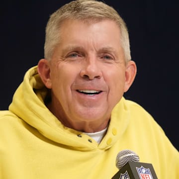 Feb 25, 2025; Indianapolis, IN, USA; Denver Broncos coach Sean Payton speaks during the NFL Scouting Combine at the Indiana Convention Center. Mandatory Credit: Kirby Lee-Imagn Images