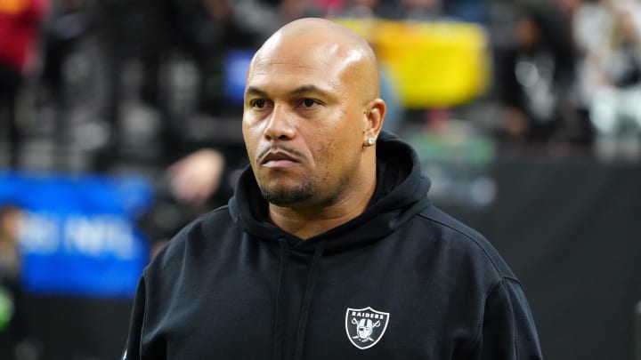 Nov 26, 2023; Paradise, Nevada, USA; Las Vegas Raiders interim coach Antonio Pierce watches the game against the Kansas City Chiefs in the first half at Allegiant Stadium. Mandatory Credit: Kirby Lee-USA TODAY Sports