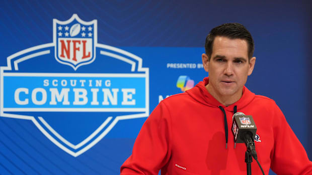 Feb 25, 2025; Indianapolis, IN, USA; New York Giants general manager Joe Schoen speaks during the NFL Scouting Combine at the