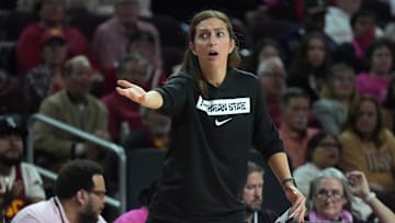Feb 19, 2025; Los Angeles, California, USA; Michigan State Spartans head coach Robyn Fralick reacts against the Southern California Trojans in the second half at the Galen Center. Mandatory Credit: Kirby Lee-Imagn Images