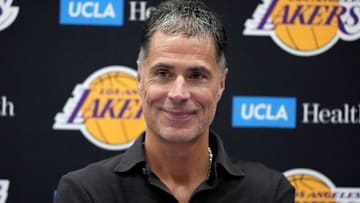  Los Angeles Lakers general manager Rob Pelinka at a press conference at the UCLA Health Training Center.
