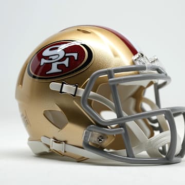 Feb 4, 2024; Las Vegas, NV, USA; Detailed view of San Francisco 49ers helmet. Mandatory Credit: Kirby Lee-Imagn Images