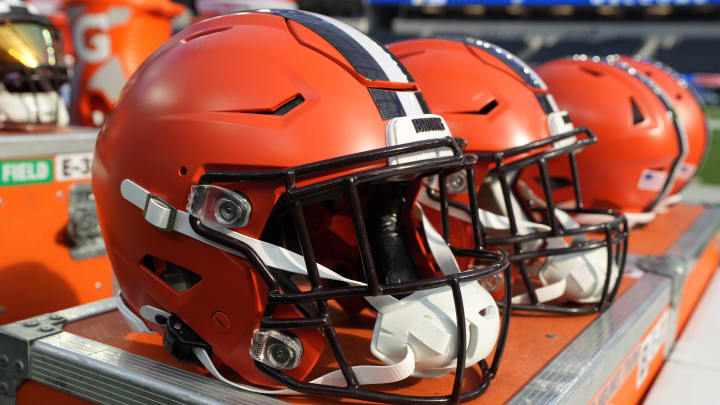 Dec 3, 2023; Inglewood, California, USA; Riddell speedflex Cleveland Browns helmets on the sidelines at SoFi Stadium. Mandatory Credit: Kirby Lee-USA TODAY Sports