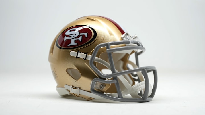 Feb 4, 2024; Las Vegas, NV, USA; Detailed view of San Francisco 49ers helmet. Mandatory Credit: Kirby Lee-Imagn Images