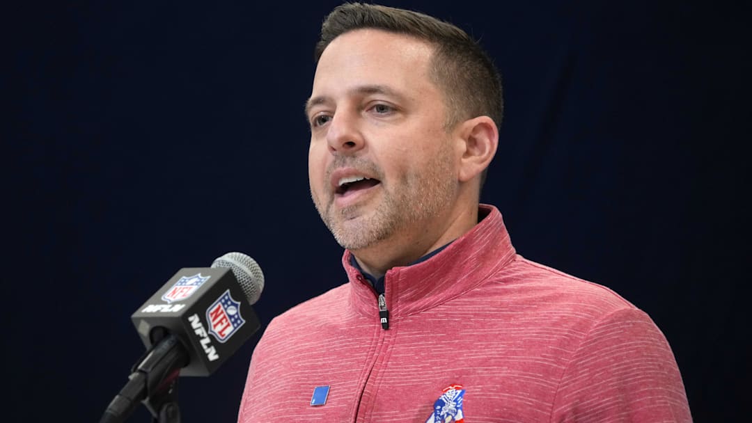 Feb 27, 2025; Indianapolis, IN, USA; New England Patriots general manager Eliot Wolf speaks during the 2025 NFL Scouting Combine at the Indiana Convention Center. Mandatory Credit: Kirby Lee-Imagn Images