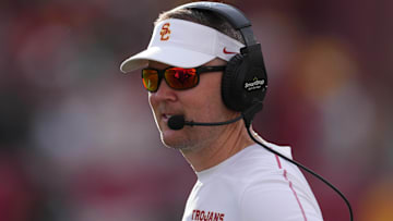 Nov 30, 2024; Los Angeles, California, USA; Southern California Trojans head coach Lincoln Riley reacts against the Notre Dame Fighting Irish in the second half at United Airlines Field at Los Angeles Memorial Coliseum. Mandatory Credit: Kirby Lee-Imagn Images