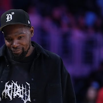 May 23, 2025; Los Angeles, California, USA; Kevin Durant attends the game between the Golden State Valkyries and the LA Sparks at Crypto.com Arena. Mandatory Credit: Kirby Lee-Imagn Images