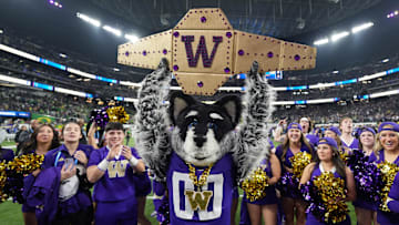 Dec 1, 2023; Las Vegas, NV, USA; Washington Huskies mascot Harry the Husky and cheerleaders pose after the Pac-12 Championship game against the Oregon Ducks at Allegiant Stadium. Mandatory Credit: Kirby Lee-Imagn Images