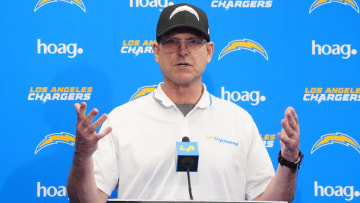 Apr 2, 2024; Costa Mesa, CA, USA; Los Angeles Chargers coach Jim Harbaugh speaks at press conference