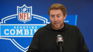 Feb 25, 2025; Indianapolis, IN, USA; Jacksonville Jaguars coach Liam Coen speaks during the NFL Scouting Combine at the Indiana Convention Center. Mandatory Credit: Kirby Lee-Imagn Images