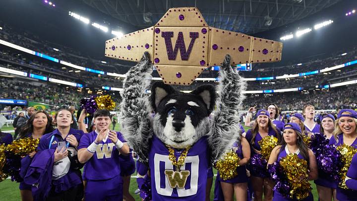 Dec 1, 2023; Las Vegas, NV, USA; Washington Huskies mascot Harry the Husky and cheerleaders pose after the Pac-12 Championship game against the Oregon Ducks at Allegiant Stadium. Mandatory Credit: Kirby Lee-Imagn Images