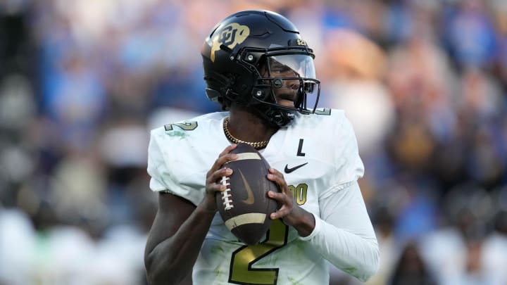 Oct 28, 2023; Pasadena, California, USA; Colorado Buffaloes quarterback Shedeur Sanders (2) throws the ball against the UCLA Bruins in the first half at Rose Bowl. Mandatory Credit: Kirby Lee-USA TODAY Sports