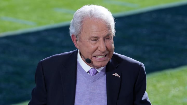 Jan 1, 2024; Pasadena, CA, USA; Lee Corso on the ESPN College Gameday set at the 2024 Rose Bowl college football playoff semifinal game at Rose Bowl. 