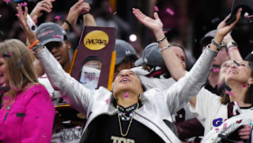 Apr 7, 2024; Cleveland, OH, USA; South Carolina Gamecocks head coach Dawn Staley celebrates after the 2024 NCAA Tournament Women's Final Four championship game against the Iowa Hawkeyes at Rocket Mortgage FieldHouse.  Mandatory Credit: Kirby Lee-Imagn Images