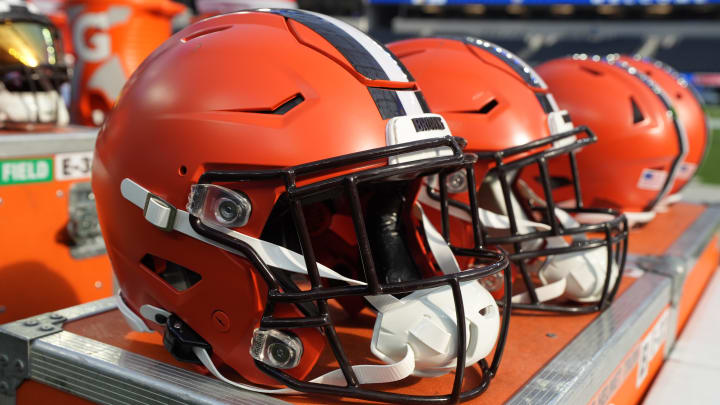 Dec 3, 2023; Inglewood, California, USA; Riddell speedflex Cleveland Browns helmets on the sidelines at SoFi Stadium.