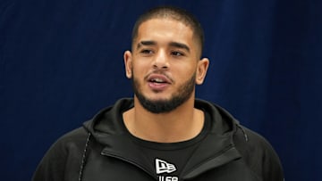 Feb 26, 2025; Indianapolis, IN, USA; Boise State defensive lineman Ahmed Hassanein (DL50) during the 2025 NFL Scouting Combine at the Indiana Convention Center. Mandatory Credit: Kirby Lee-Imagn Images