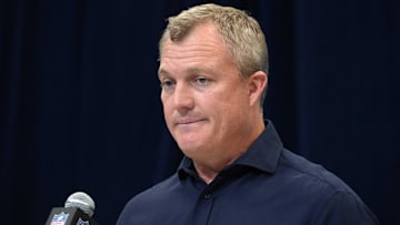 Feb 27, 2025; Indianapolis, IN, USA; San Francisco 49ers general manager John Lynch speaks during the 2025 NFL Scouting Combine at the Indiana Convention Center. Mandatory Credit: Kirby Lee-Imagn Images